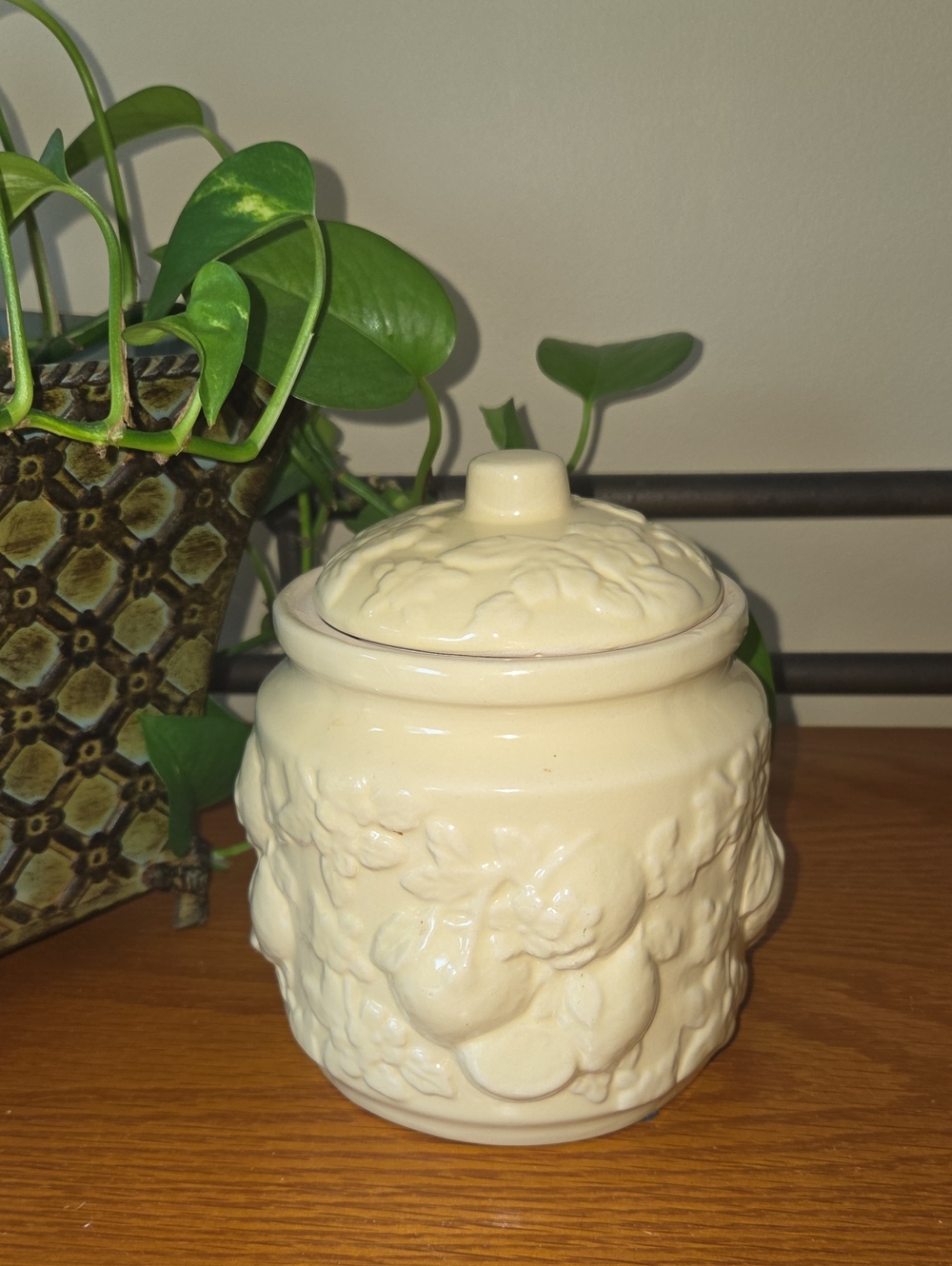 Vtg Creamy Yellow Ceramic Jar with Lid - textured fruit design
